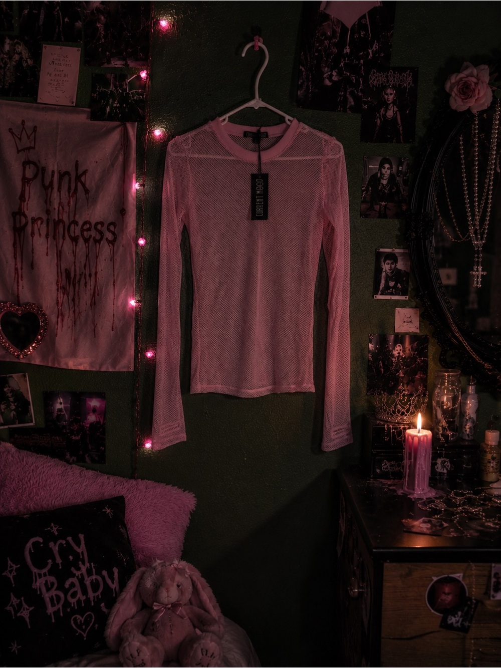Dolls Kill Pink Sheer Mesh Long-Sleeve Top